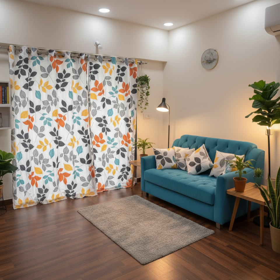 Autumn Glow – Leaf Print Curtain & Cushion Set by Gypsee Life