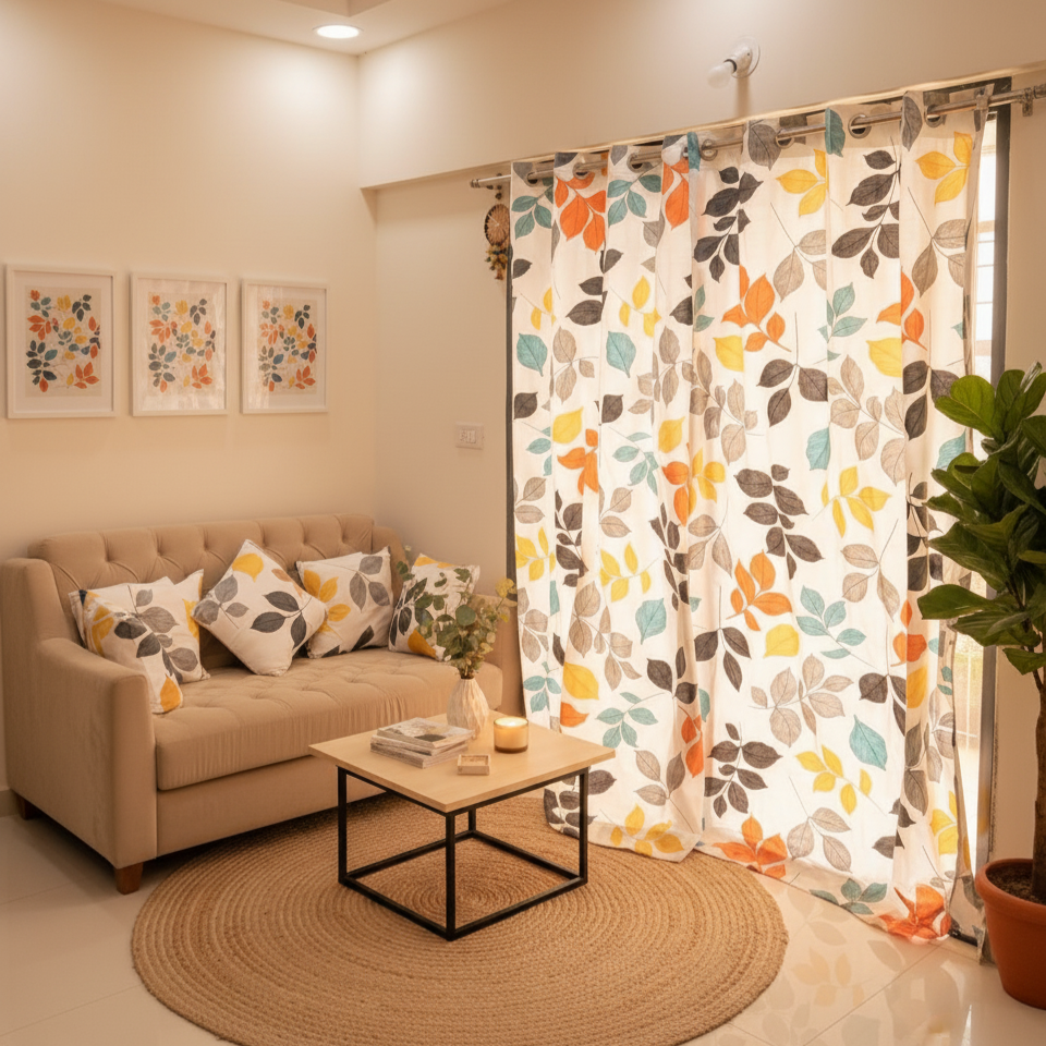 Autumn Glow – Leaf Print Curtain & Cushion Set by Gypsee Life