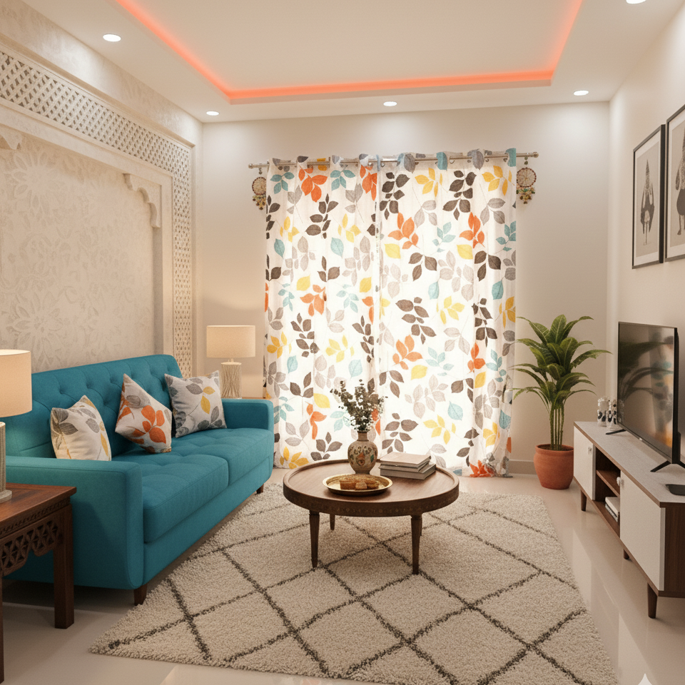 Autumn Glow – Leaf Print Curtain & Cushion Set by Gypsee Life